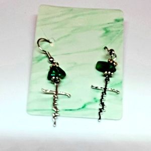 Malachite Natural Stone Silver Faith Cross Earrings ✝️